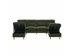 Grand canapé en u avec 2 poufs à rangement, modulable 4 places, pieds en bois, chenille vert