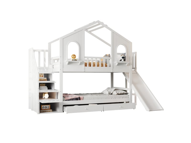  Modenvie lit superpose enfant 90x200 cm - avec toboggan, rangement integre et sommier inclus - blanc  - Conforama A
