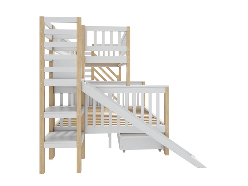  Lit superposé enfant 90x200 cm et 140x200 cm avec toboggan et rangements en bois blanc et naturel sans matelas  - Conforama E