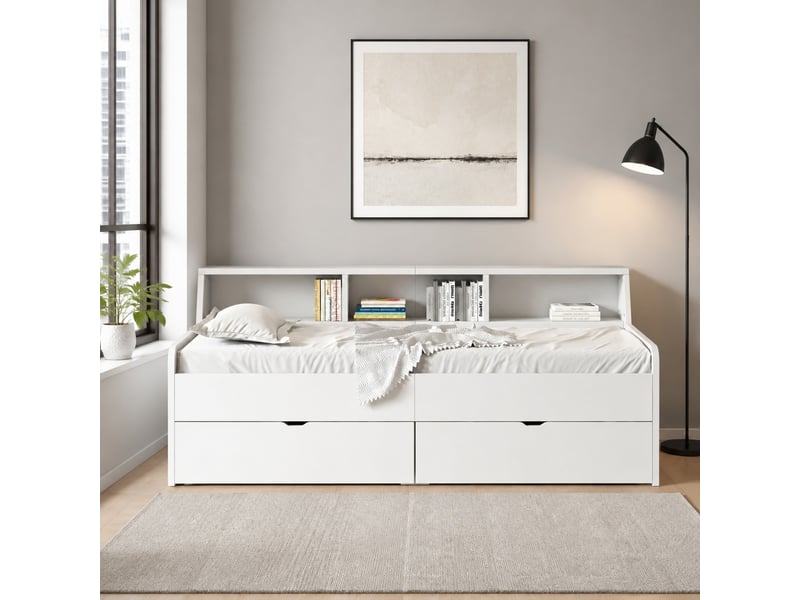  Lit simple 90x200 cm avec 2 tiroirs et 3 niches blanc  - Conforama B