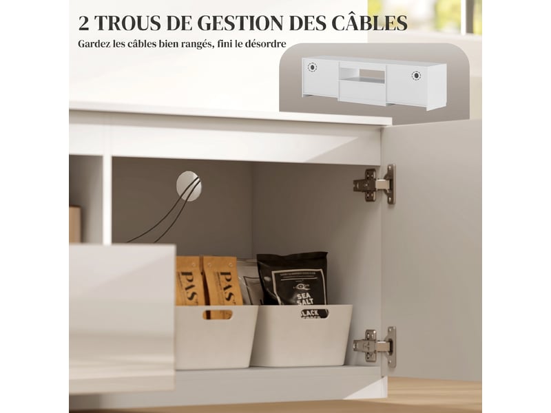  Meuble tv 160 cm, blanc, meuble télé pour téléviseur jusqu'à 65 pouces avec 2 portes et tiroir  - Conforama R