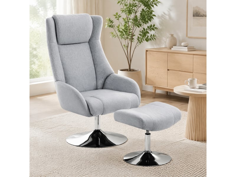  Fauteuil relax pivotant avec repose-pieds, dossier inclinable et tête rembourrée pour salon, en métal gris  - Conforama C