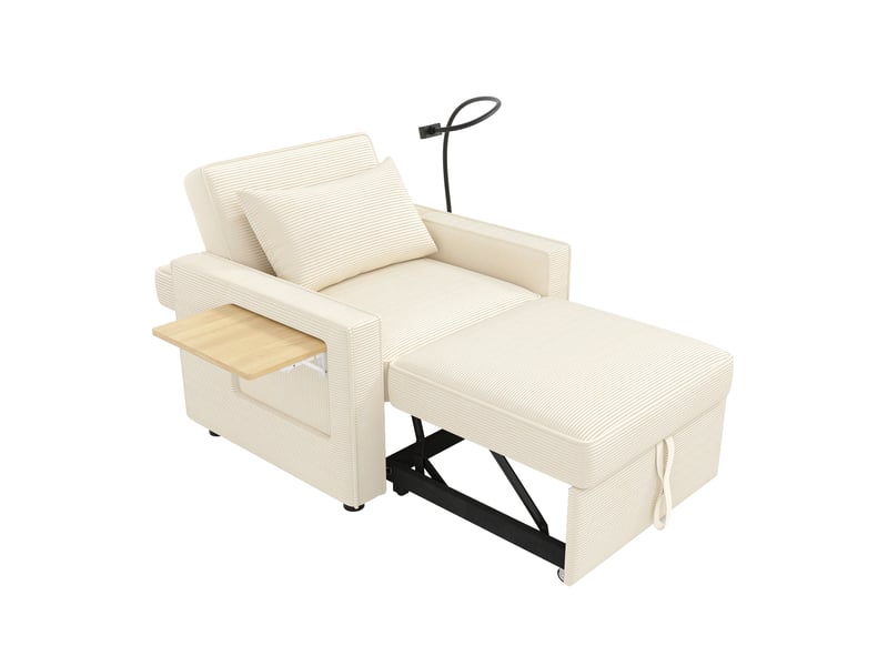  Canapé fauteuil convertible 1 place avec fonction lit, dossier réglable, support téléphone 360°, ports usbtype-c, table d’appoint, poches de rangement, tissu côtelé - beige  - Conforama A