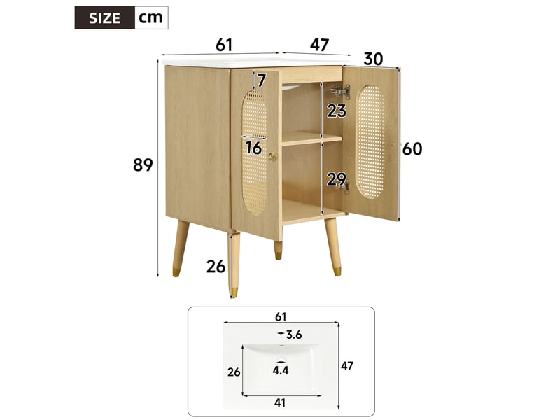 Meuble sous vasque 61x47x89 cm avec vasque en céramique, finition bois naturel - Conforama C