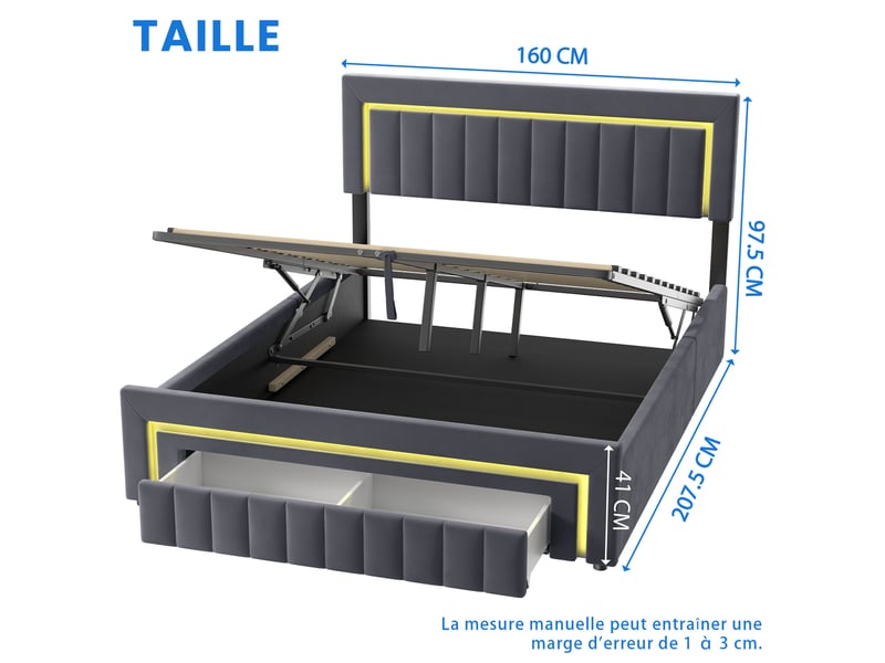  Lit coffre 2 places 160x200 cm avec 2 tiroirs et led, en velours gris  - Conforama C