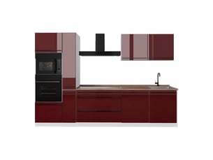 Vicco cuisine, rouge brillantblanc, 310cm plan de travail chêne doré