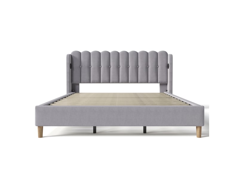  Lit 180x200 cm gris – tête capitonnée, ports usb-c, sommier à lattes, design moderne  - Conforama A