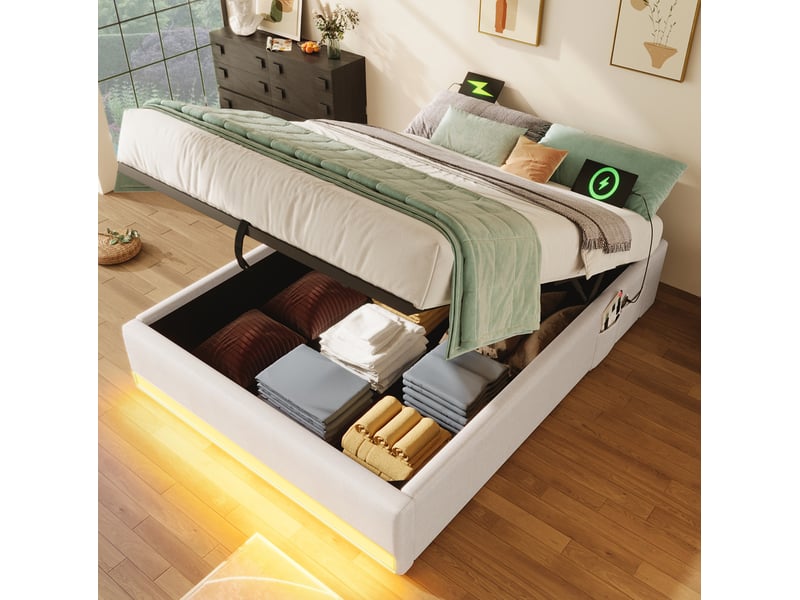  Modenvie lit coffre 90x200 cm - avec led multicolore, usb-c et rangement hydraulique, sans matelas - beige  - Conforama B