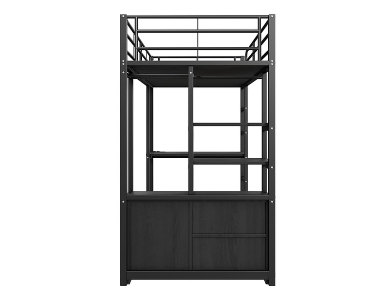  Lit mezzanine avec bureau, prise usb et rangements, métal noir, 90x200 cm, sans matelas  - Conforama D