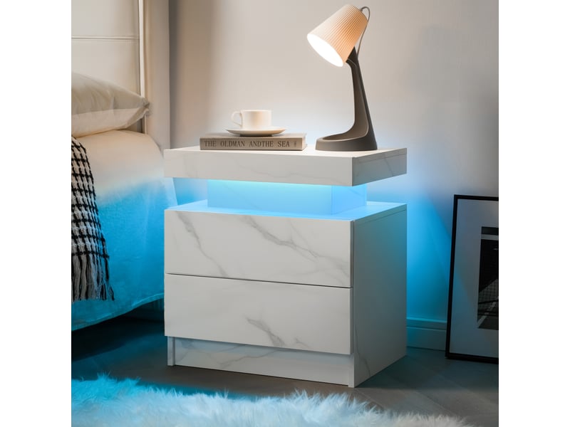  Table de chevet led blanc pierre, 2 tiroirs, design moderne  - Conforama D