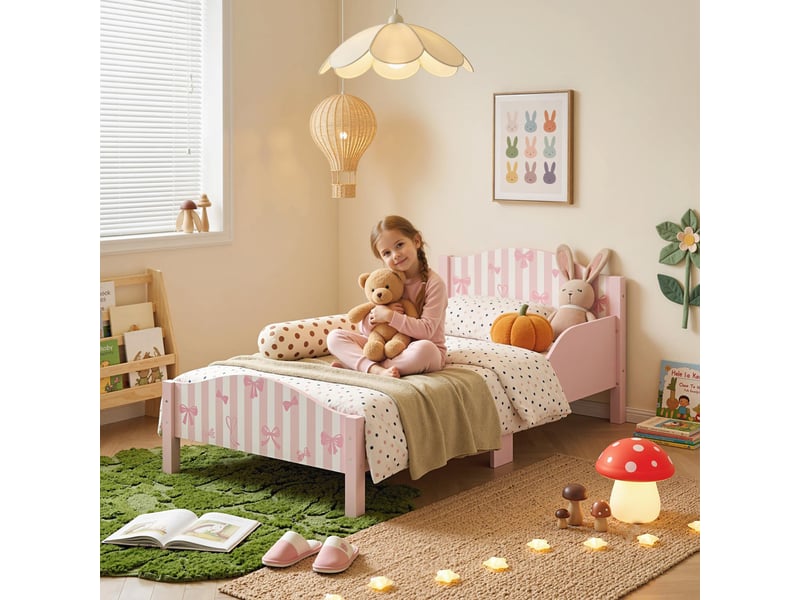  Lit enfant 70 x 140 cm, barrière de sécurité, motif nœud, rose  - Conforama C