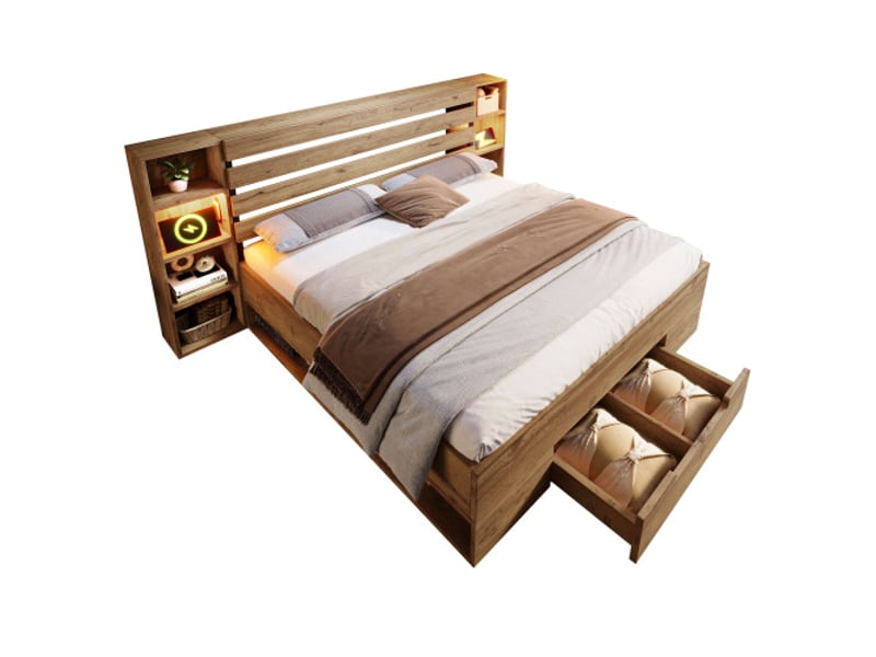  Lit double en bois massif 180x200 avec rangement et éclairage led, tête de lit avec espaces de rangement et port usb-c, tiroirs, sommier à lattes en bois, chêne (sans matelas)  - Conforama A