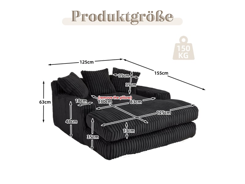 Canapé droit,canapé simple confortable en velours côtelé avec 3 oreillers moelleux,125x155x63,noir canapé noir - Conforama C