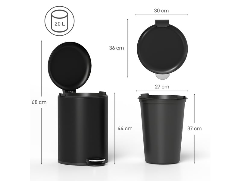  Poubelle cuisine 20 l à pédale noire, fermeture silencieuse  - Conforama C
