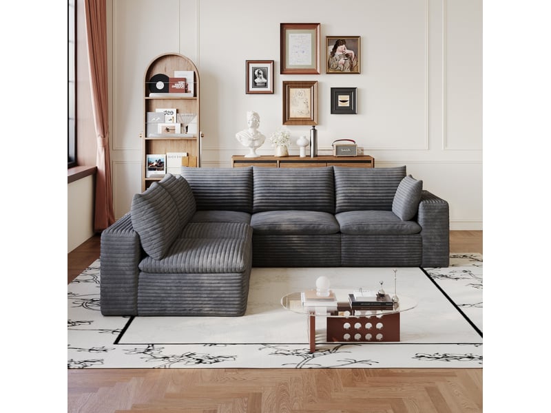 Canapé d'angle tcqpz modulable 5 places 260 x 250 cm velours côtelé gris foncé coussins déhoussables - Conforama D