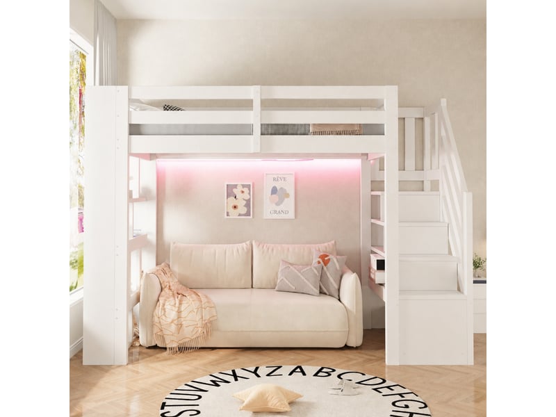  Lit mezzanine en bois 90 x 200 cm avec rangements et led, blanc  - Conforama E