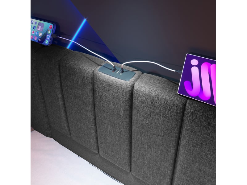  Lit coffre 160x200 cm avec led et recharge usb-c, gris, sans matelas  - Conforama D