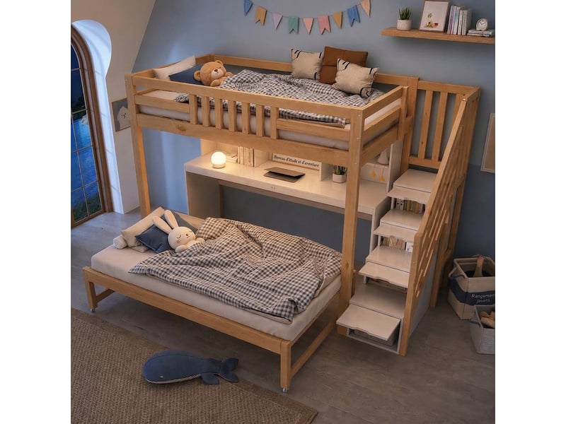 Lit superposé avec bureau 90x200 et lit gigogne à roulettes 90x190 escalier rangement bois blanc chêne - Conforama B