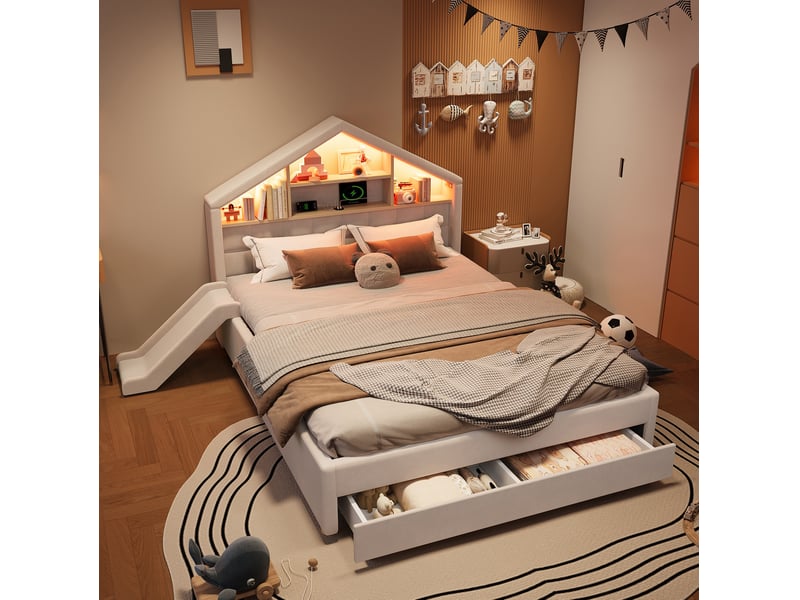 Lit enfant 140 × 200 cm avec toboggan réversible, led, port de charge, étagères et grand coffre, beige, chambre - Conforama B