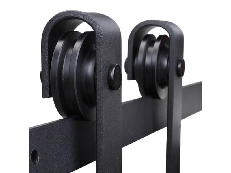 Kit de rail coulissant pour porte coulissante 2 m en métal noir, capacité 100 kg, système de guidage robuste pour aménagement intérieur - Conforama D
