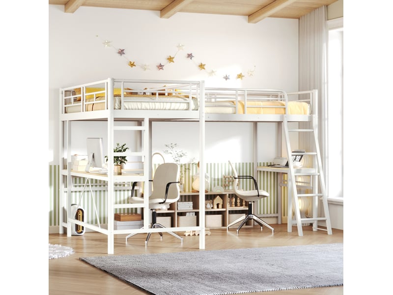  Lit mezzanine 90 × 200 cm avec bureau, double escalier et garde-corps, sans matelas, en métal, blanc  - Conforama B