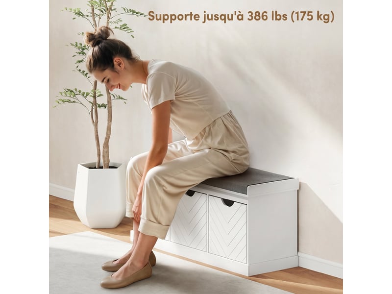  Banc chaussures entrée, banc de rangement avec 3 tiroirs amovibles et coussin rembourré en tissu aspect lin, blanc  - Conforama R