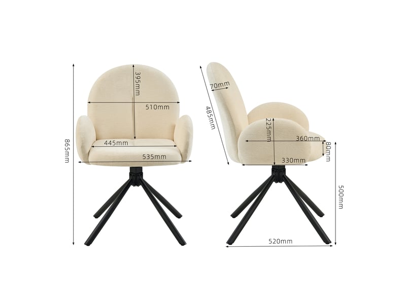  Lot de 2 chaises de salle à manger pivotantes avec accoudoirs, chenille blanc crème et pieds en métal  - Conforama E