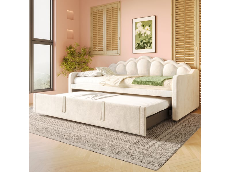  Méridienne convertible en lit gigogne, canapé-lit, lit simple (sans matelas), lit double, velours, bande led à couleurs changeantes, 90 x 200 cm (180 x 200 cm), beige  - Conforama B