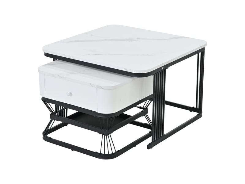  Lot de 2 tables basses gigognes carrées effet marbre avec 1 tiroir 70x70cm + 50x50cm mdf et métal blanc et noir  - Conforama R