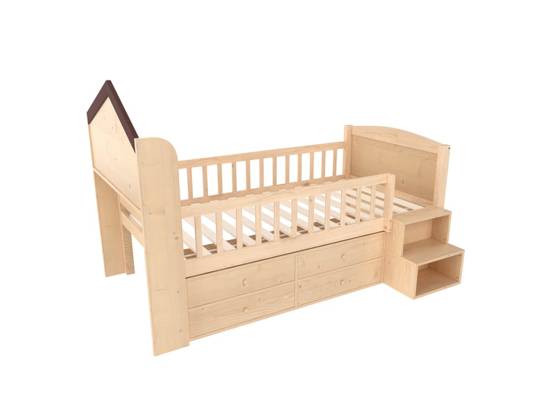  Lit surélevé forme maison avec 4 tiroirs, led et escalier rangement, naturel, 90x200 cm  - Conforama E