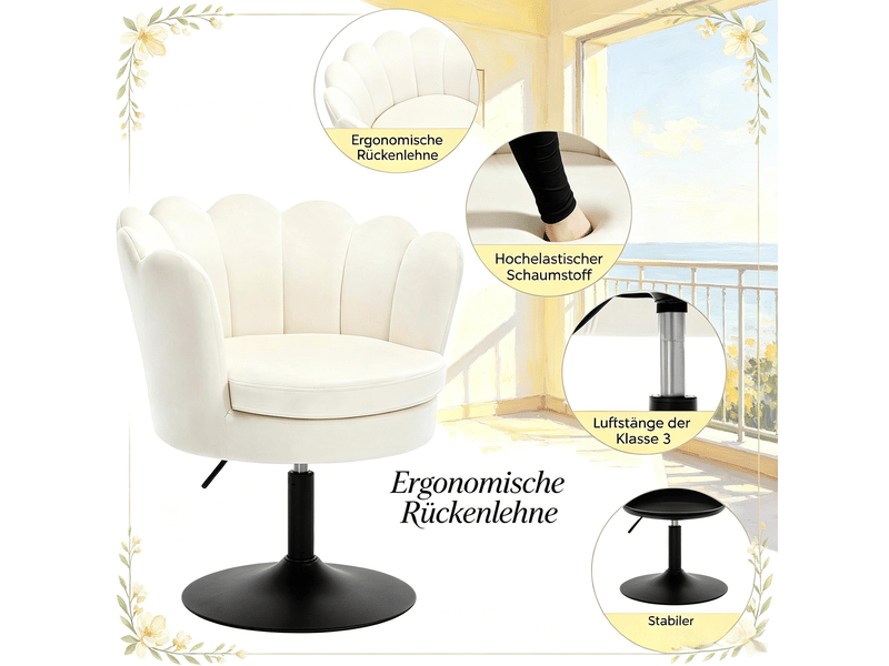  Fauteuil pivotant à hauteur réglable avec accoudoirs, assise en forme de fleur en velours et métal beige  - Conforama E