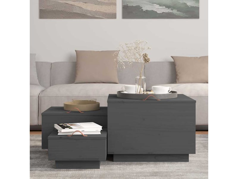  Boîtes de rangement et couvercles 3 pcs gris bois massif de pin  - Conforama C
