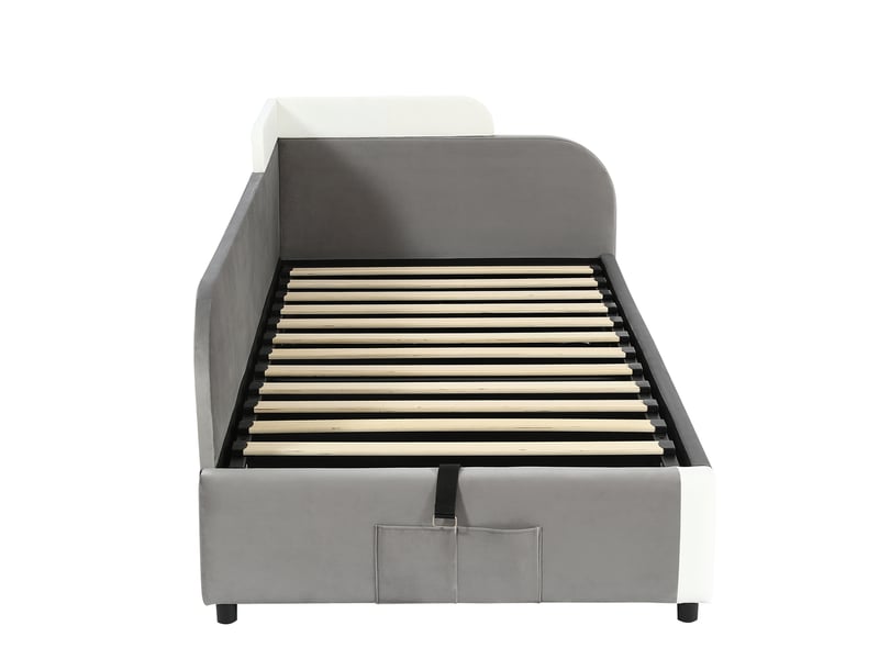  Lit coffre 90x200 cm, lit enfant avec sommier à lattes, poche de rangement au pied du lit, en velours, gris, sans matelas  - Conforama A