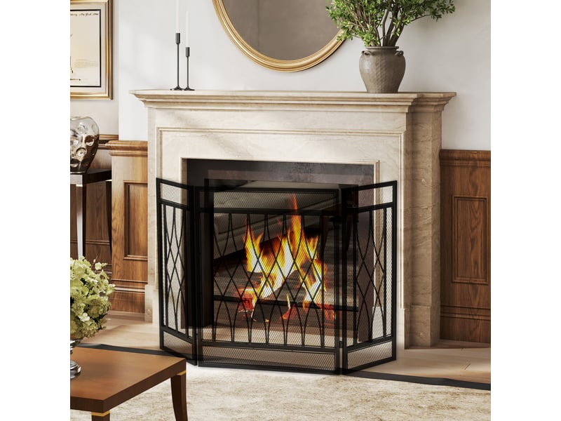  Grille de protection pour cheminée - pare-feu large pour cheminée ou poêle - pare-étincelles - barrière de sécurité - 3 volets pliables - métal noir  - Conforama D