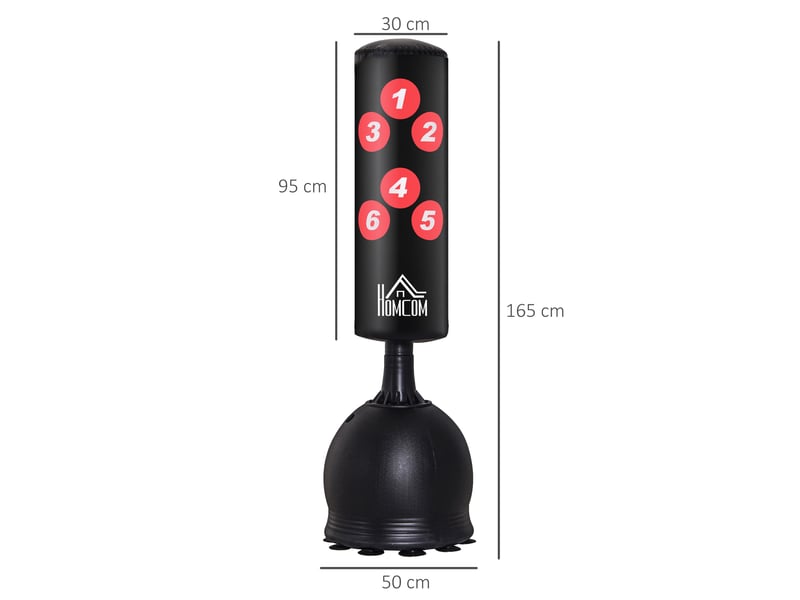 Sac de frappe autoportant 165 cm, base lestable eau (22,5kg)sable (27,5kg) + ventouses caoutchouc, adulteenfant, 50×50×165 cm, noir - Conforama E