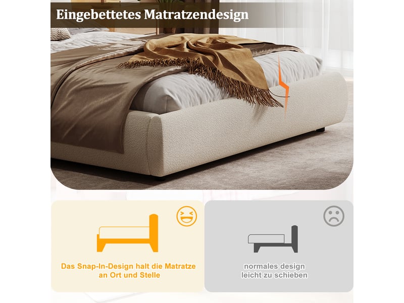  Lit coffre 160x200 cm, lit double, sommier à lattes, rangement hydraulique, tissu bouclé beige, tête de lit rembourrée  - Conforama W