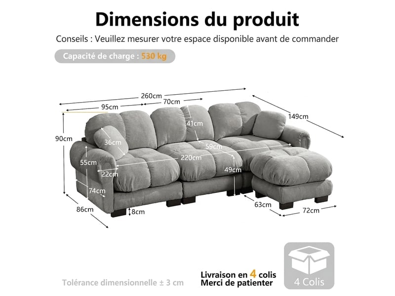  Canapé d'angle 3 places avec méridienne mobile chenille 260 x 149 x 90 cm gris clair moelleux  - Conforama C