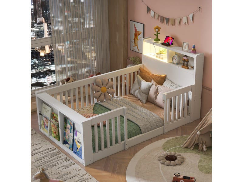  Lit enfant 90 × 190 cm 1 place avec barrières hautes, usb, veilleuse et rangement, sans matelas, en bois blanc  - Conforama C