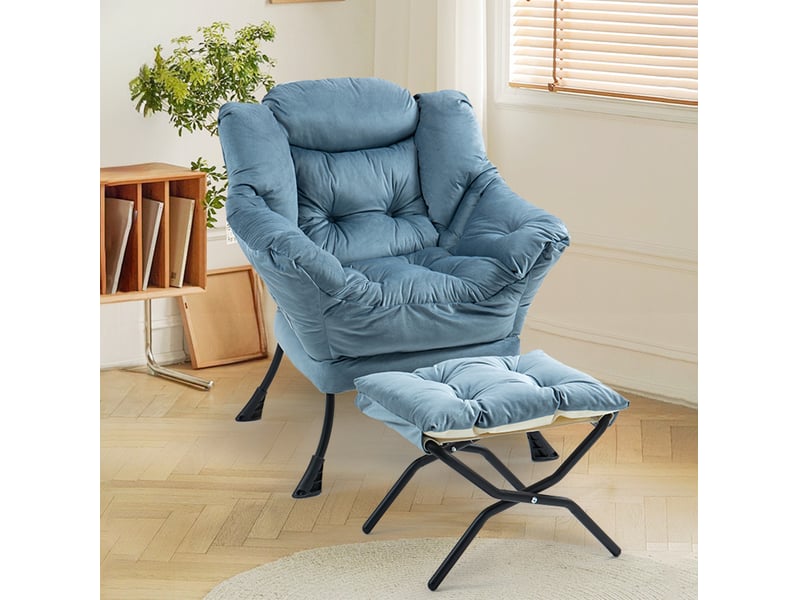  Fauteuil relax avec repose-pieds pliable et poche latérale en métal bleu clair  - Conforama B