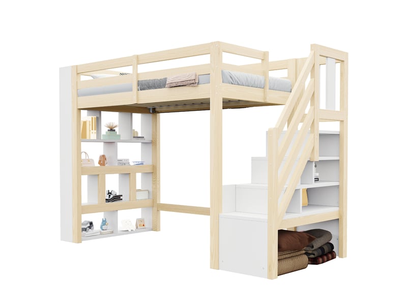  Lit mezzanine enfant 90x200 cm blanc et naturel bois, rangements, escalier et éclairage led intégré  - Conforama A