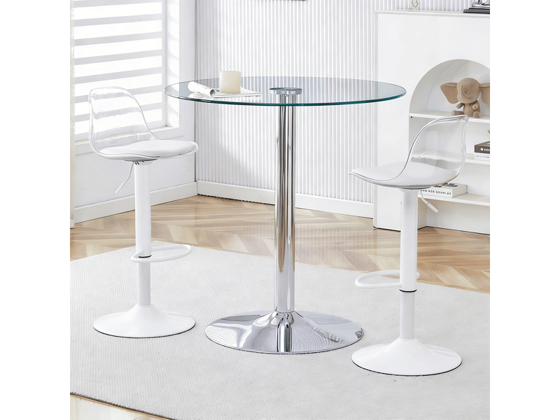  Ensemble table haute et 2 tabourets, table de bar ronde en verre de 89 cm, sièges transparents réglables et pivotants, pieds blancs  - Conforama B