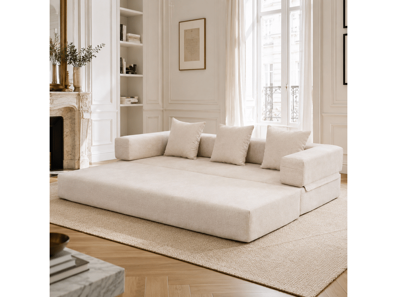 Canapé modulable 2 places 198x79x60 cm convertible en lit 198x159x41 cm, blocs combinables, poches latérales, base antidérapante, chenille beige - Conforama B