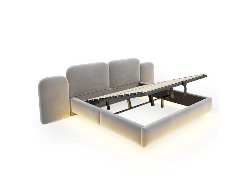  Lit capitonné double 180x200 cm lit coffre hydraulique lit rembourré en velours avec rangement bande led ports usb, gris  - Conforama A