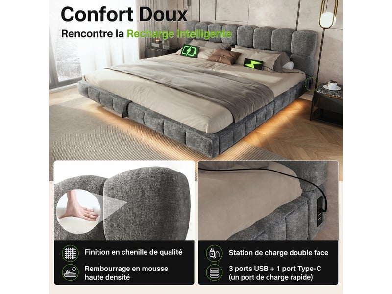 Lit double coffre hydraulique en chenille gris avec led et usb, 140 x 190 cm - Conforama D
