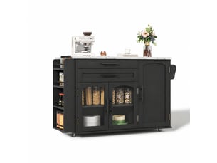 Îlot de cuisine mobile avec plan de travail rabattable, rangement et 5 roulettes, noir et bois naturel