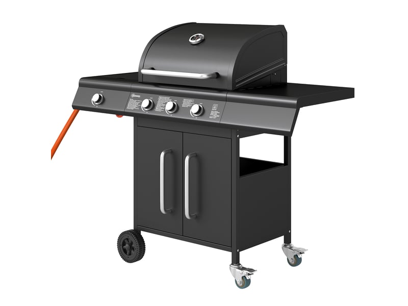  Barbecue à gaz mobile avec espace de rangement, tablette latérale, brûleur latéral, grille de maintien au chaud, thermomètre, acier inoxydable, noir  - Conforama B