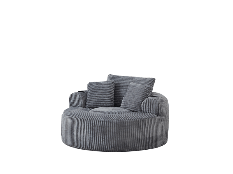  Fauteuil lounge rond en velours côtelé avec 3 coussins, 2 porte-gobelets et poche latérale  - Conforama E