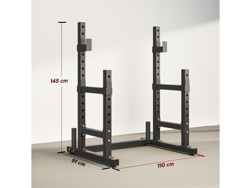 Support à haltères réglable à 2 niveaux avec porte-disques, acier, 110 x 91 x 145 cm, noir - Conforama E