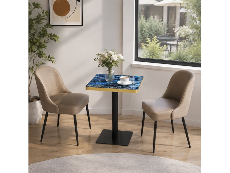  Table de salle à manger carrée pour 2 à 4 personnes, plateau aspect marbre, piètement métal bleu, 60 × 60 × 74 cm  - Conforama C