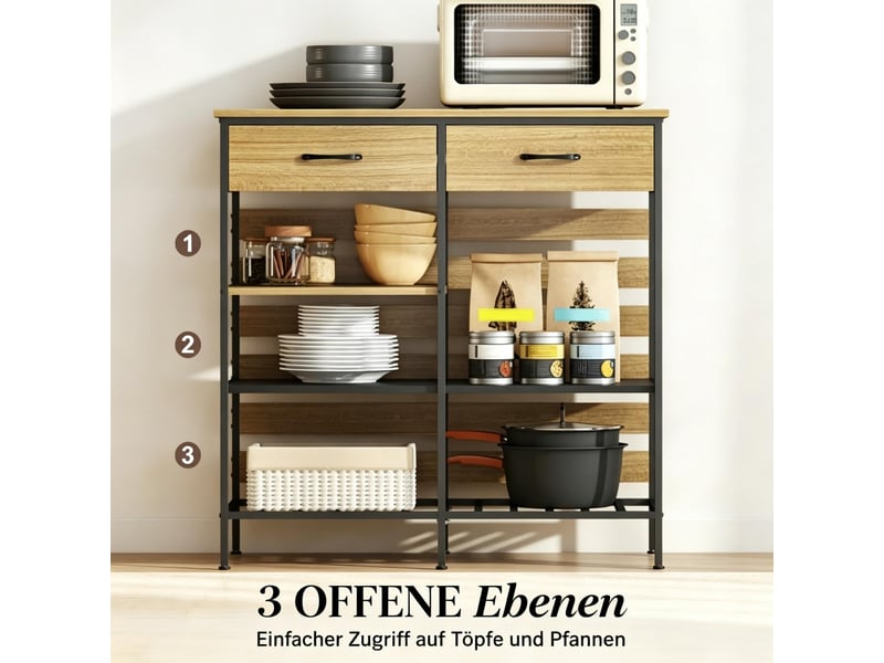 Buffet de cuisine industriel, meuble de rangement 2 tiroirs et étagères, cadre en acier robuste, 90x40x91 cm, bois naturel et noir - Conforama D